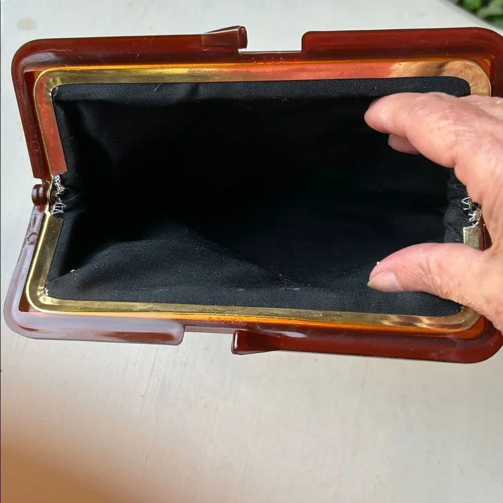 Floral Embroidered Clutch with Red Brown Lucite Frame EUC